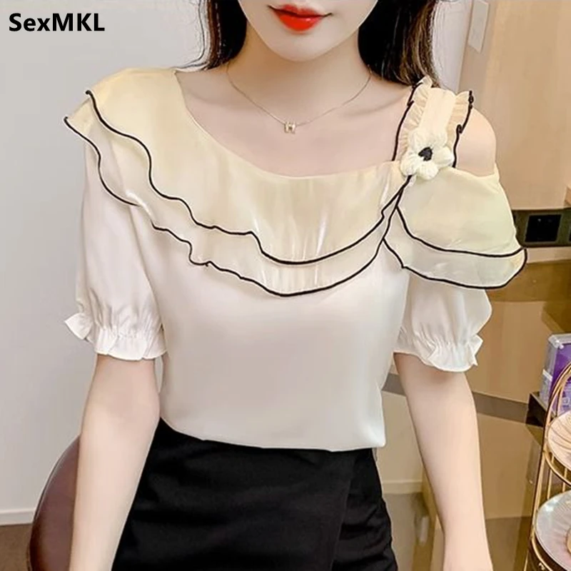 

Casual Summer Chiffon Blouses Women Sweet Shirts 2025 Korean Style Y2k Clothes Slim Short Sleeve Ruffles Sexy Ladies Tops Mujer