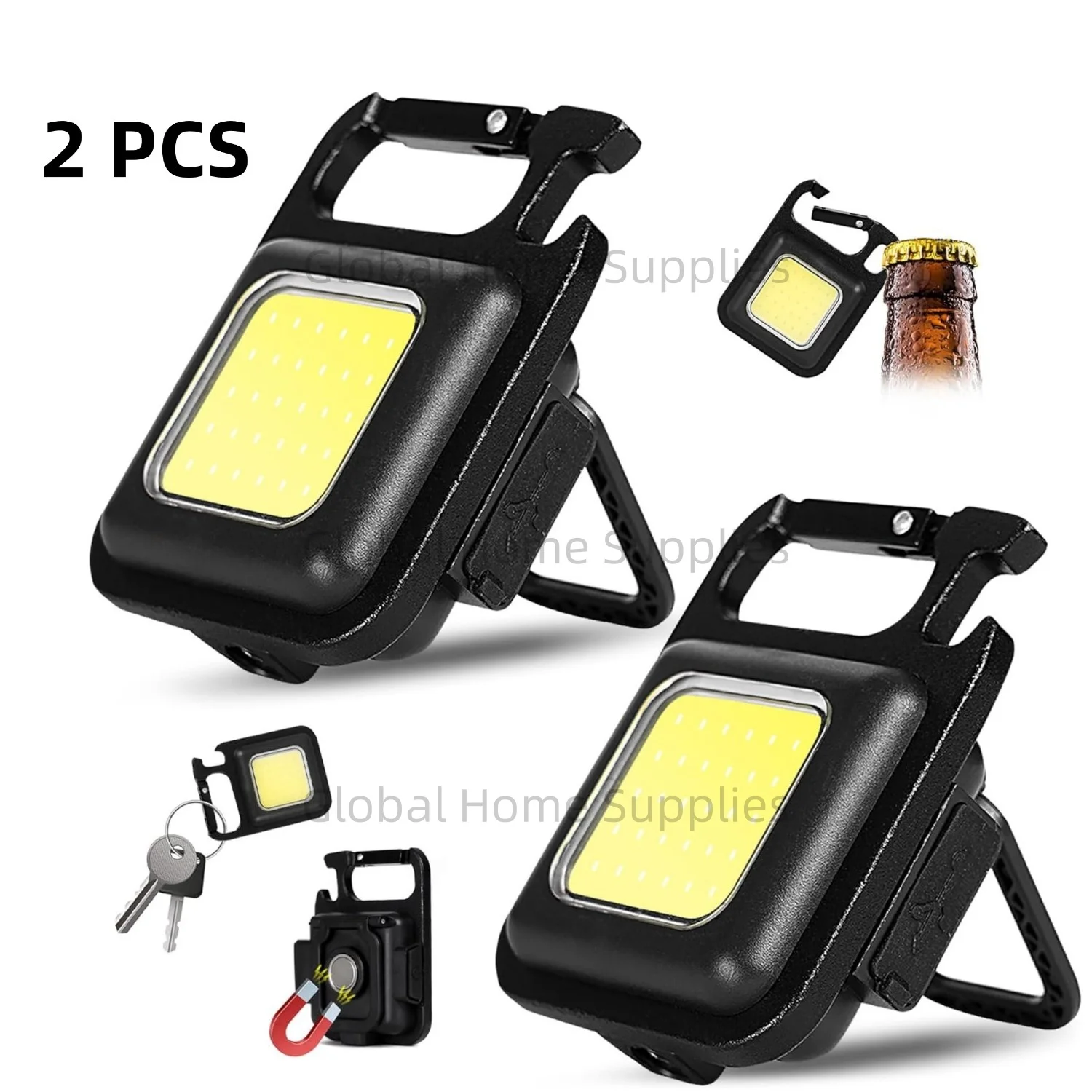 

2PCS COB Keychain Flashlight 4 Brightness Modes USB-C Charging with Folding Bracket Bottle Opener for Fishing Camping Walking