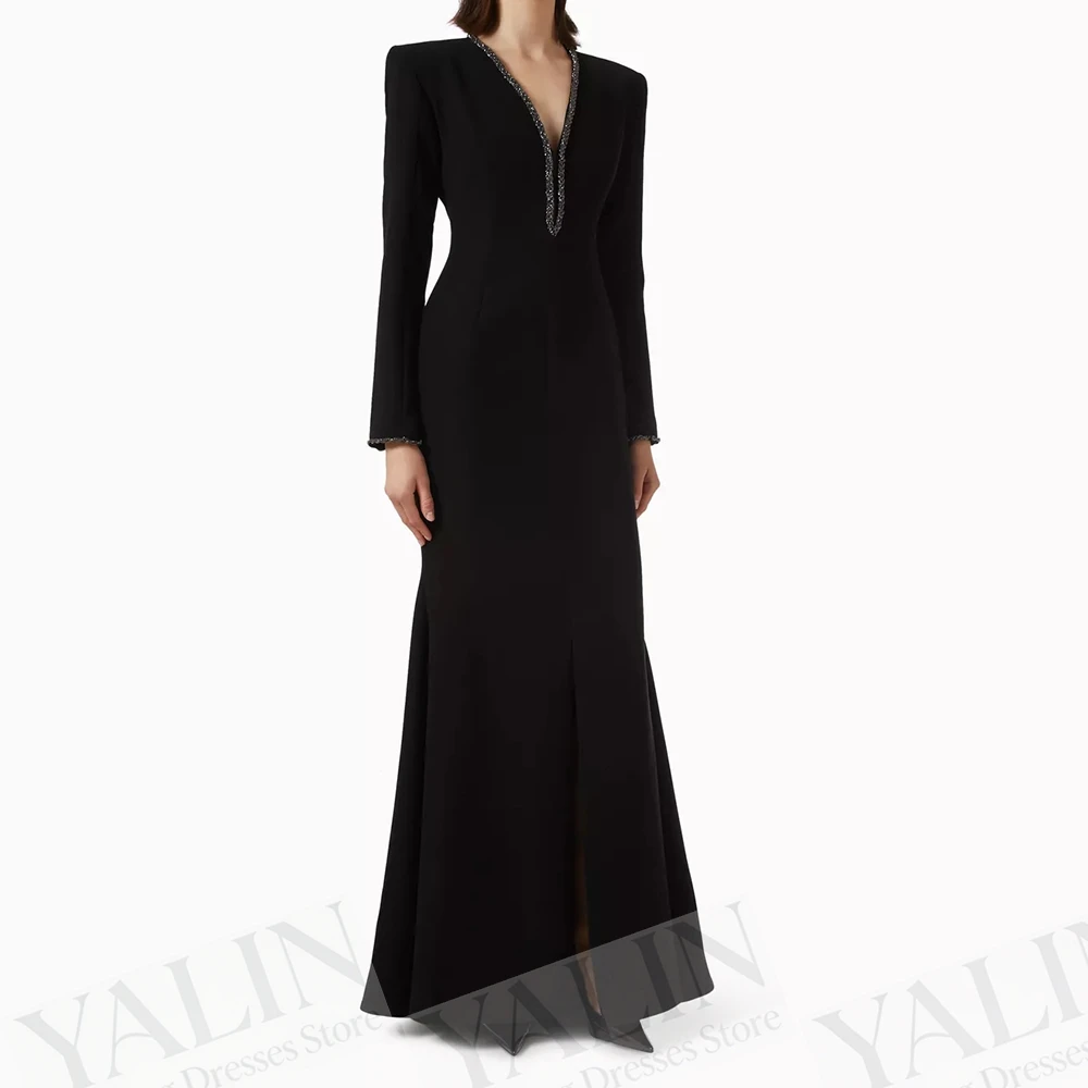 

Women's A-line Evening Dresses Floor-length V-neck Full Sleeve Prom Dresses Fashion Sequined Simple Draped Customized Gowns