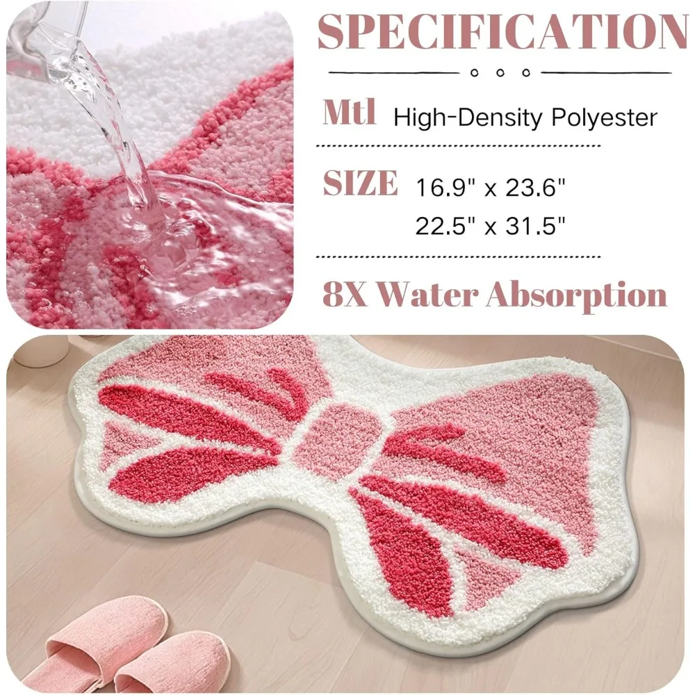 푹신한 핑크색 리본 욕실 매트, 19.6x31.5인치 불규칙한 모양, 미끄럼 방지 및 높은 흡수력, 욕실 및 침실용