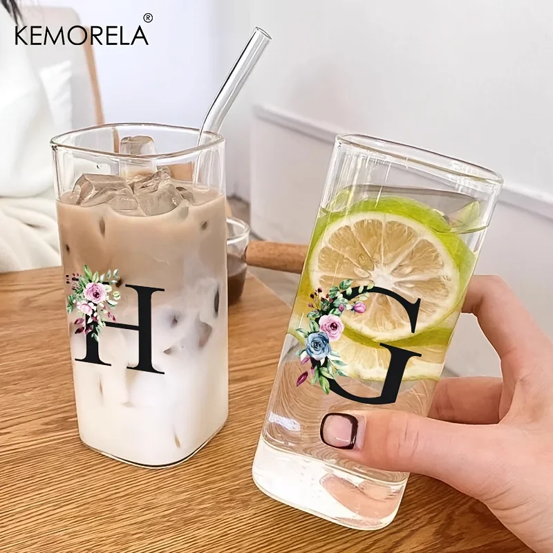 1PCS 24 Letter-Shaped Glass Tumblers with Lid And Straw Coffee Tumbler  300ML Clear Square Drinking Tumbler For Coffee Beer Milk - AliExpress 15