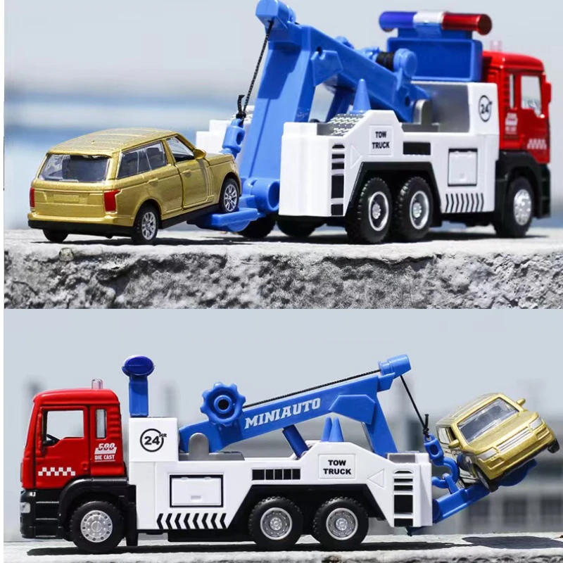 

1/50 Scale Road Rescue Trailer Alloy Toy Model Trucks Metal Diecast Truck With Sound And Light Collection Toys For Children Gift