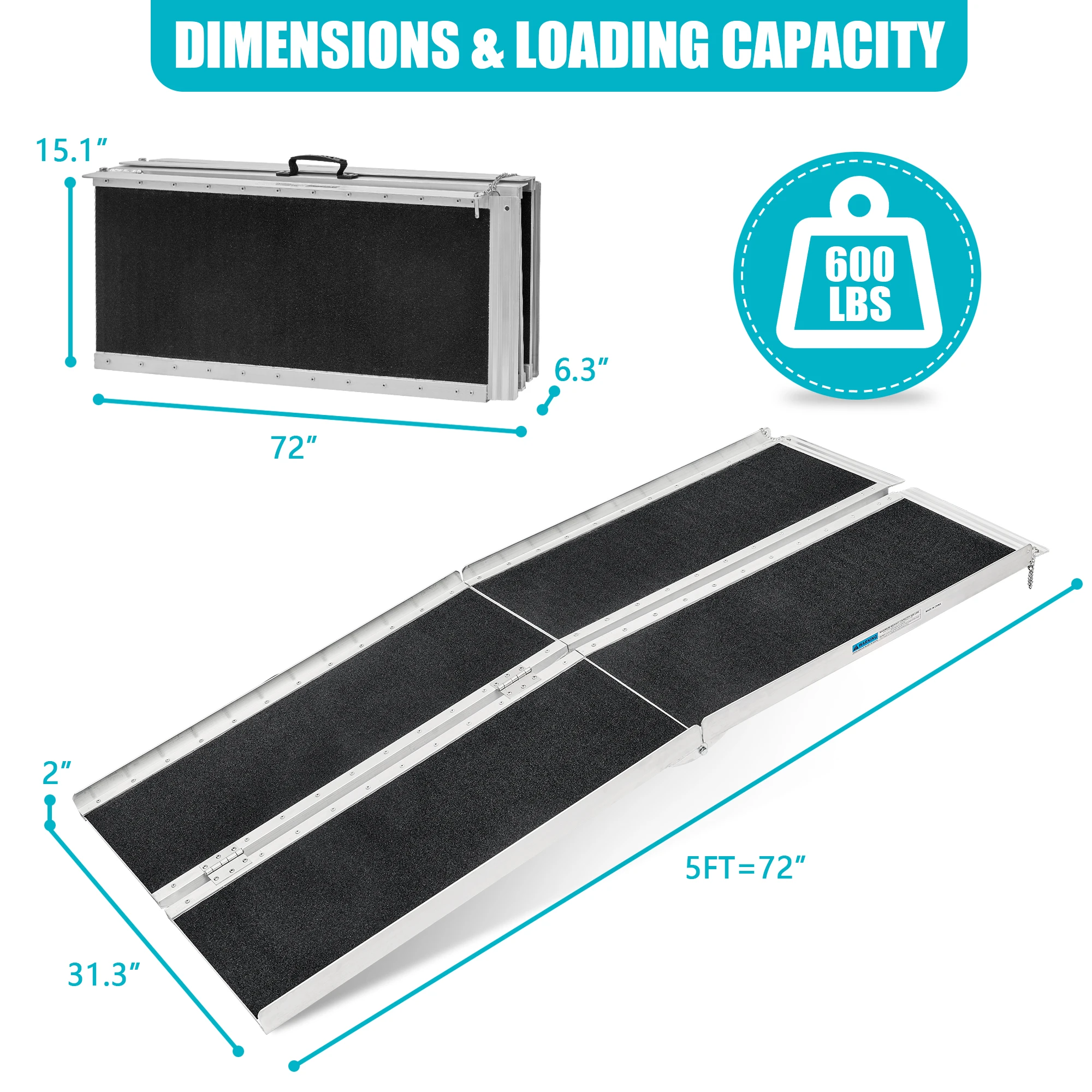 6-Foot disabled ramp Non-slip wheelchair ramp with non-slip surface, portable aluminum foldable ramp for disabled people