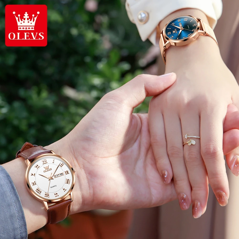 OLEVS 2920 العلامة التجارية الفاخرة كوارتز ساعة الزوجين موضة الأعمال مقاوم للماء التقويم ساعة رجالي أنيقة المرأة تاريخ زوجين ساعة