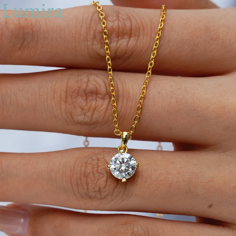 Lumira Real 18K Gold Moissanite Necklace with 1 Carat Classic Four-Prong Pendant and Choker Chain for Women Jewelry Gift