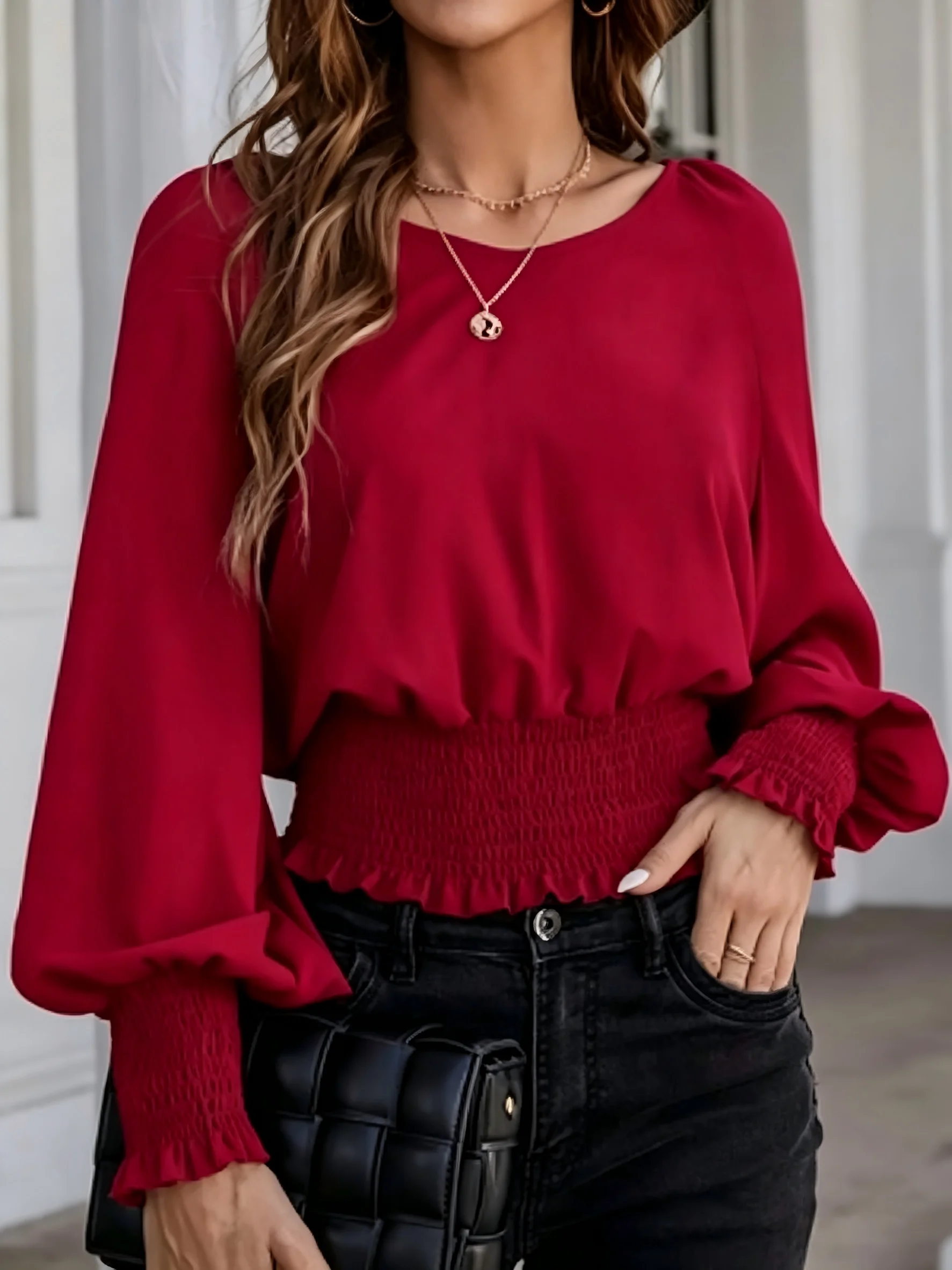 

Women Red Blouse Long Puff Sleeve O-Neck Smocked Waist Ruffle Cuff Chiffon Shirt Elegant Casual Office Ladies Tops 2025