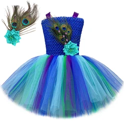 Royalblue Peacock Costumes for Girls Carnival Halloween Fancy Dresses for Kids Birthday Party Tutus Outfit with Flower Feathers