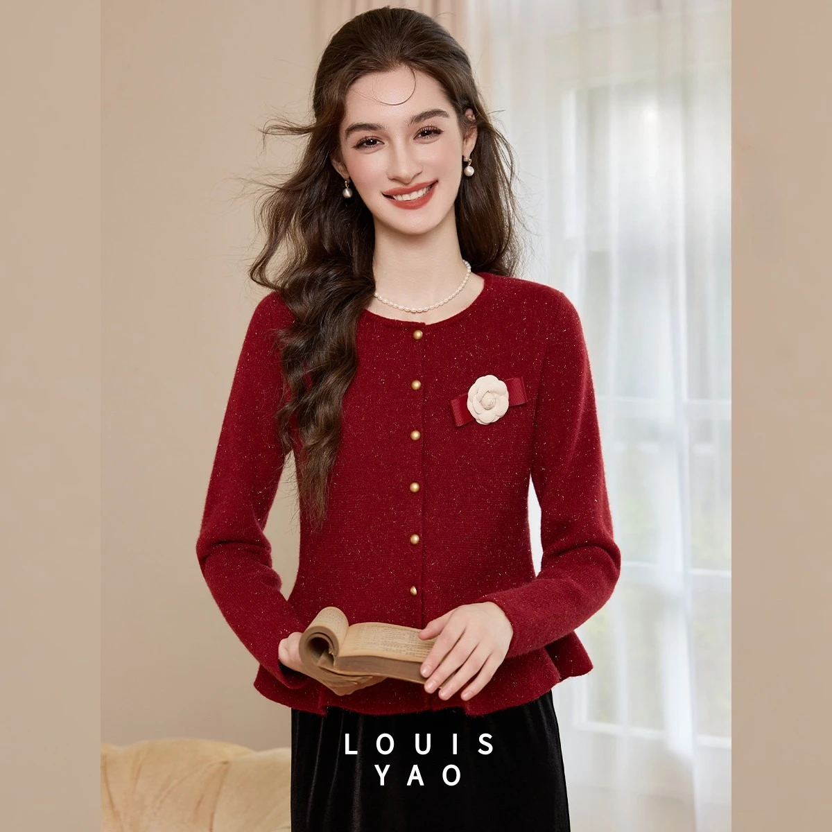 

LOUISYAO Detachable Flower Knitted Coat 2025 Autumn/Winter Tops England Style Cardigan Ruffle Waist Women's Knitted Sweater