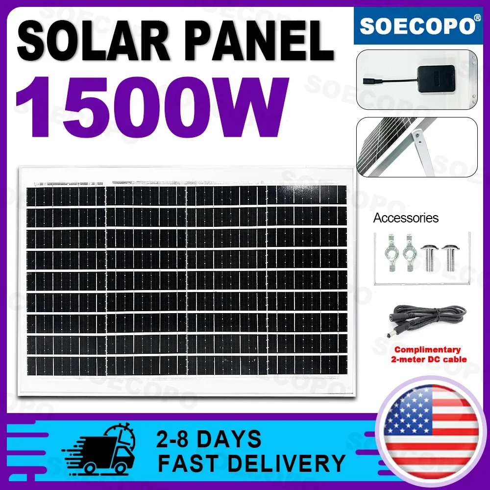 (Disponibilità USA) SOECOPO Pannello solare portatile da 1500 W Grado A+ Celle 10BB 22 - 23% Design impermeabile ad alta efficienza Viaggi camper Barca 18 V