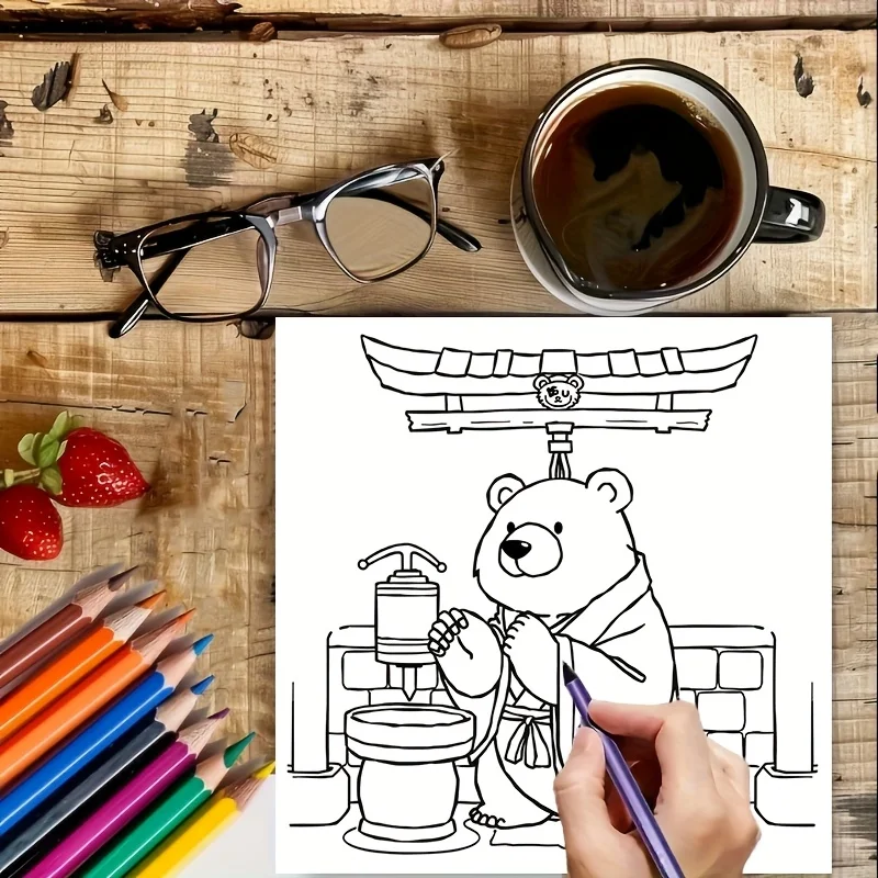 28 Pages Cute Bear in Japan Coloring Book for Adult Stress Reduction | Colouring Book for Stress Relief and Mood Reduction