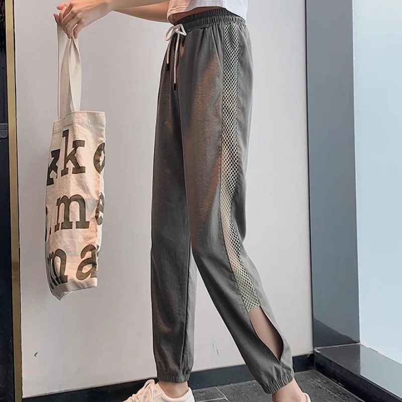 Pants Women Harem Trousers Ulzzang Mesh Side-slit Loose Hollow Out High Waist Street Wear Style Ankle-Length Trendy College Ins