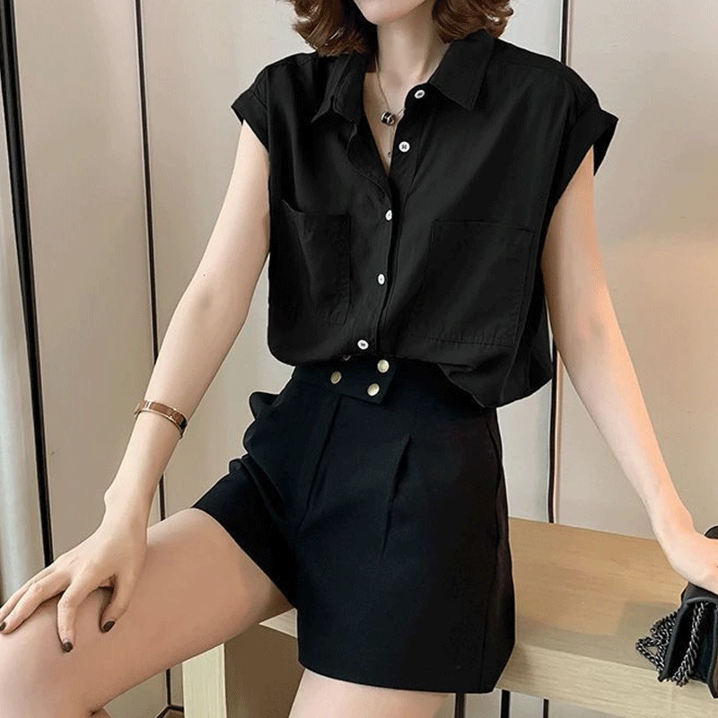 2023 Women\'s Summer Loose Sleeveless POLO Collar Single Breasted Panel Pocket Solid Color Short Fashion Casual Versatile Blouse