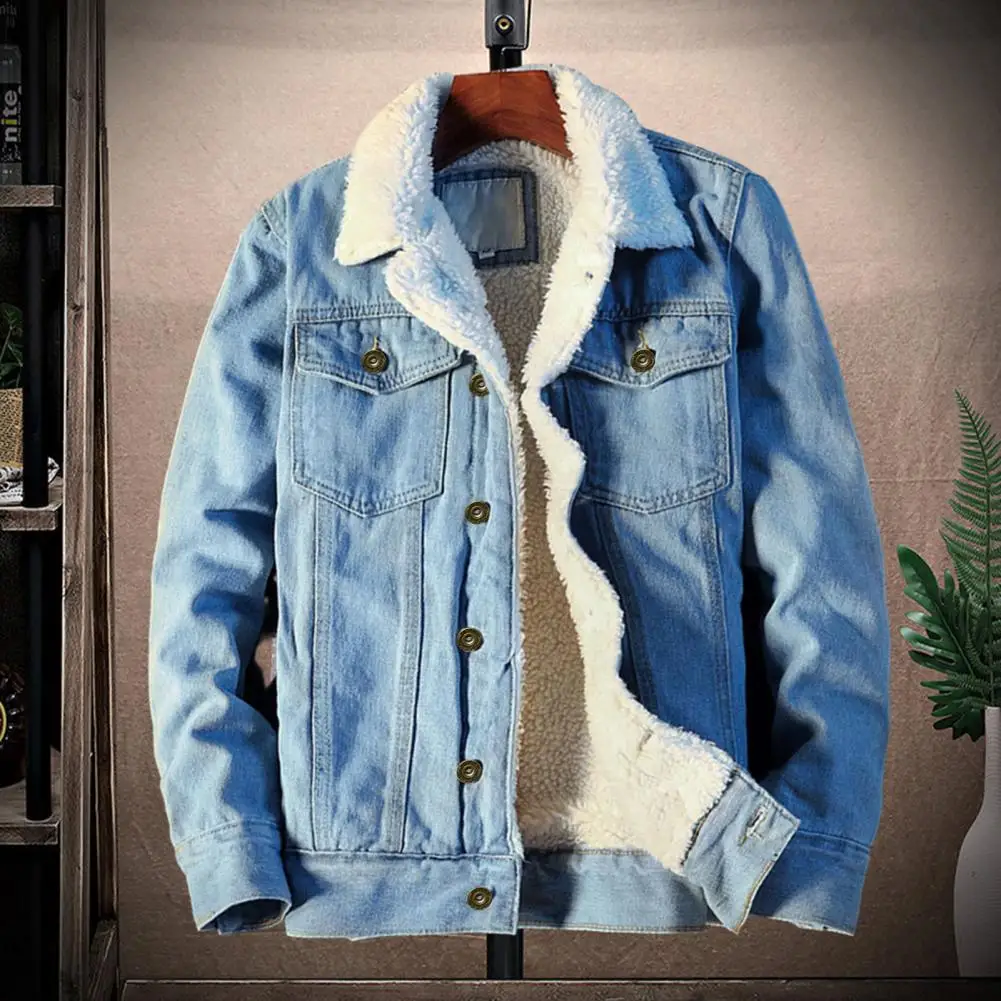 Men Jean Jacket  Single Breasted   Denim Coat Lapel Pockets Jean Outerwear