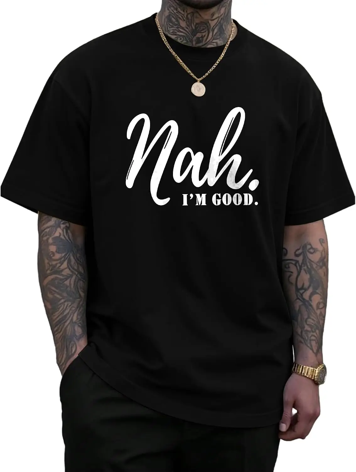 KUYIGO Mens T Shirts Funny Letter Graphic Nah, I’m Good. Summer Casual Streetwear Short Sleeve Tee