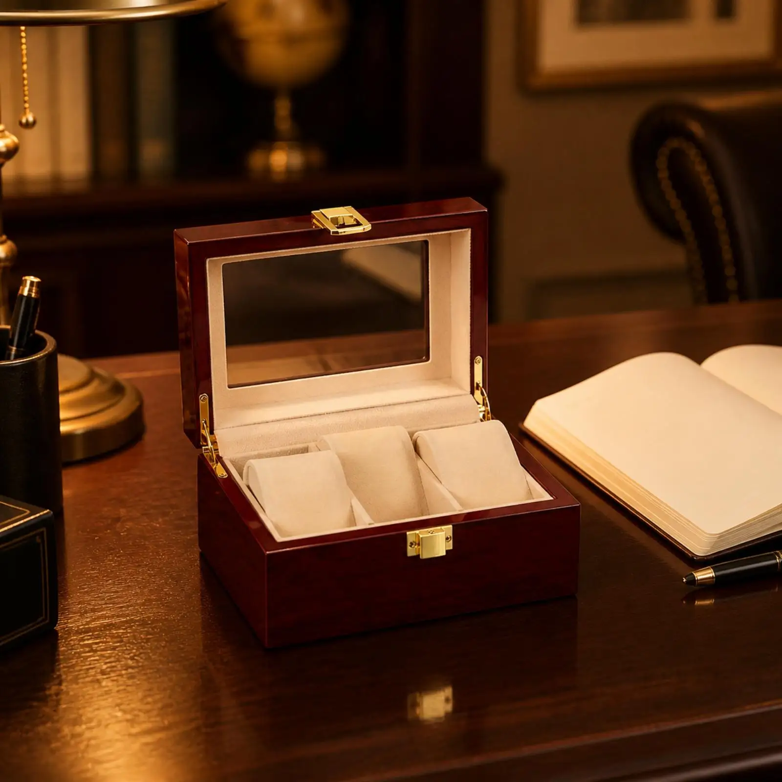 Luxury Wooden Watch Display Case Storage Box with Glass Top for Timepiece Organizer Gifts