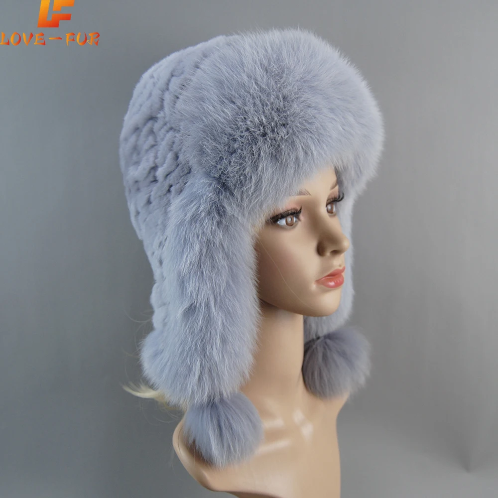 

Winter Real Rex Fox Fur Cap Women Warm Natural Genuine Rex Rabbit Fur Knitted Hats With Earflaps Handsewn Fashionable Bomber Hat