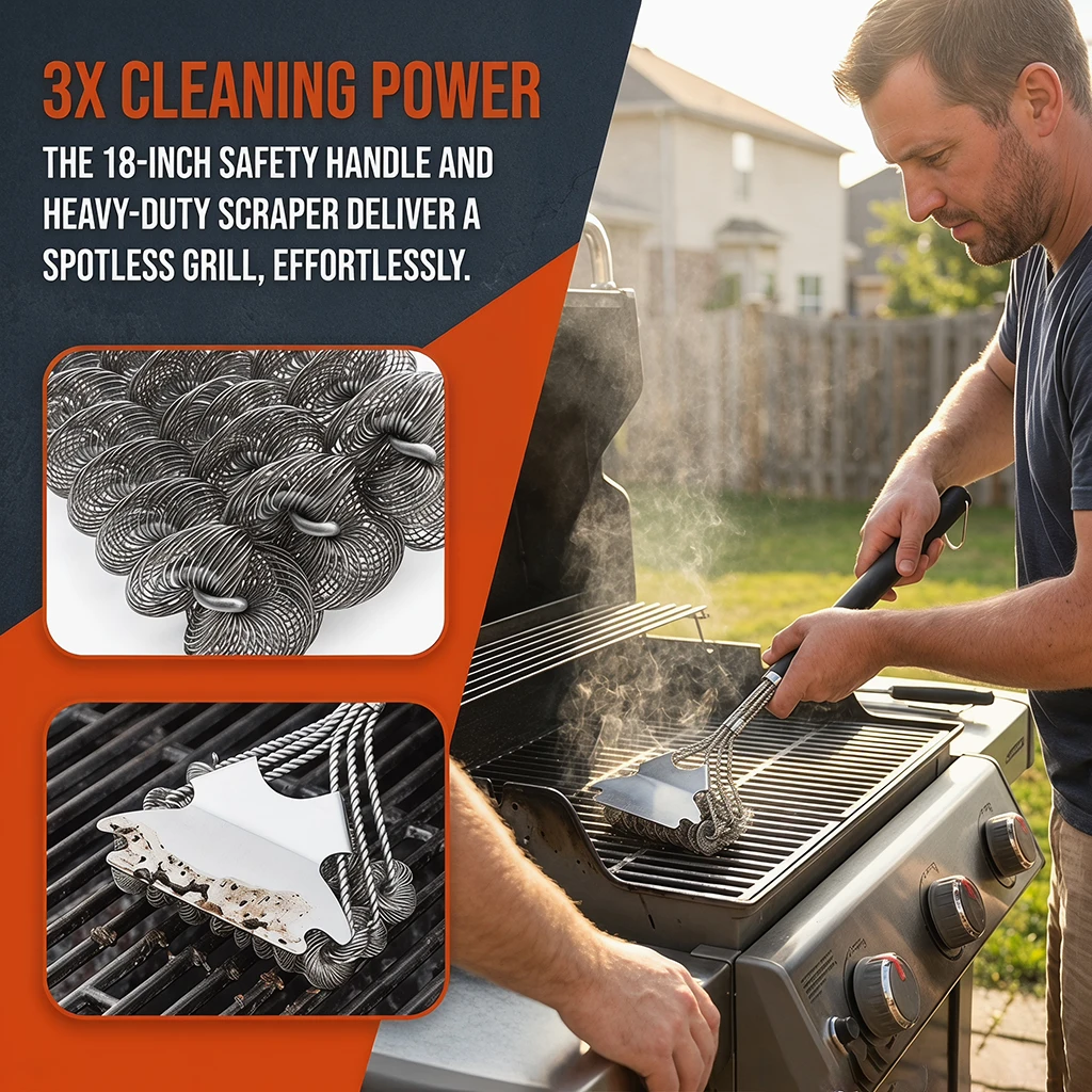 

SSUNTAK Heavy Duty Grill Brush & Scraper Stainless Steel BBQ Cleaning Brush with Long Handle Safe Bristle-Free Barbecue Cleaner