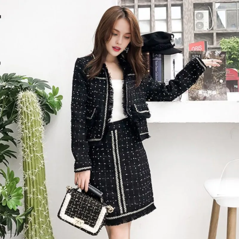 

Black tweed jacket + skirt suit spring / autumn women's jacket ladies 2 piece sets fashion skirt suit