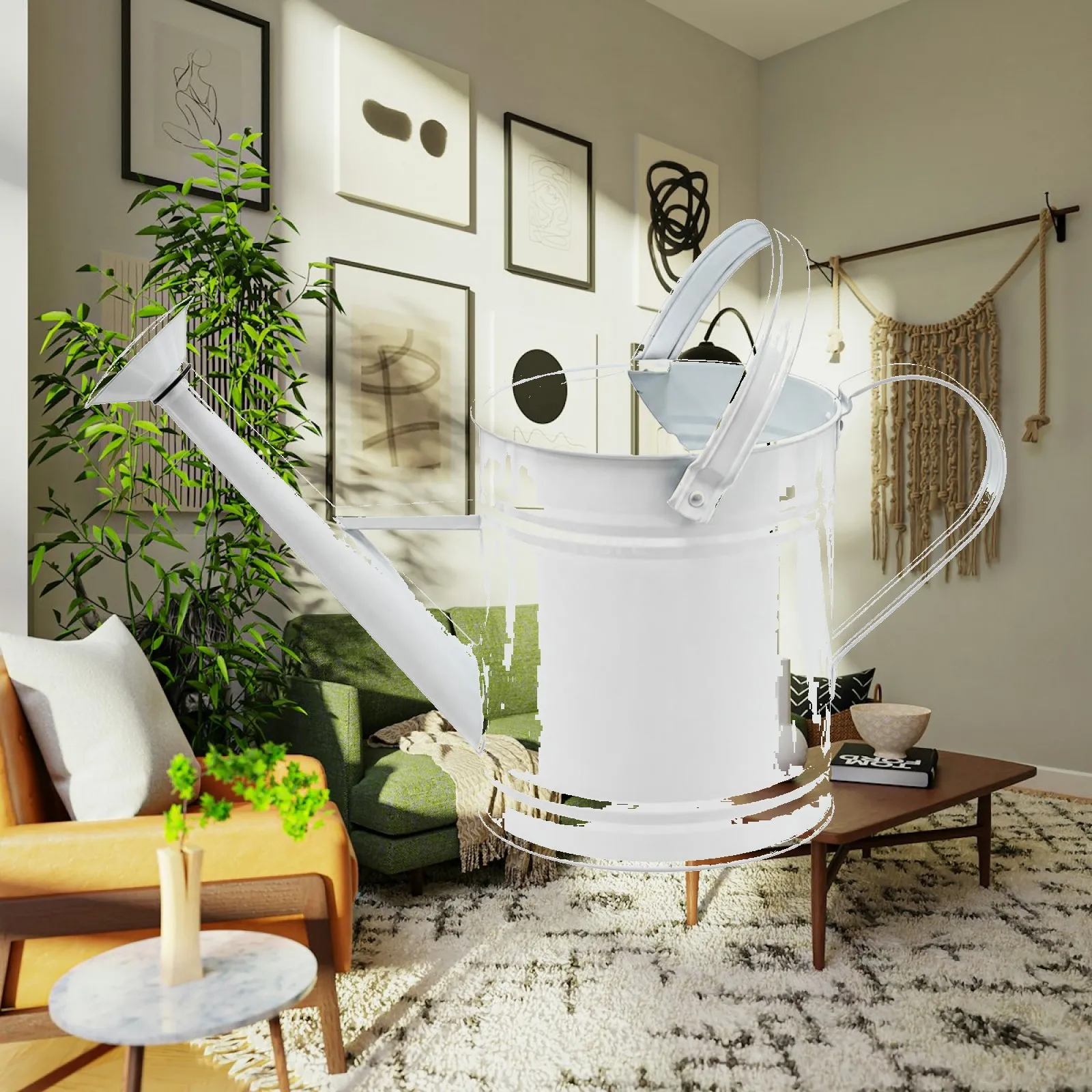 White Metal Watering Can 3.5L with Sprinkler Head 304 Stainless Steel Garden Watering Pot for Houseplants and Patio