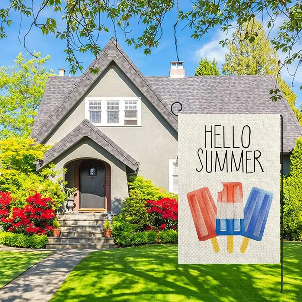 Hello Summer Popsicles Garden Flag Vertical Double Sided Red Blue Watercolor Burlap Yard Flag, Seasonal Rustic Yard Outdoor  zzo