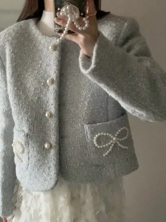 

Женский твидовый джет Ele Embellied, осенне-зимний корейский костюм Sweet Little Fraance, круглый костюм Ne, топ