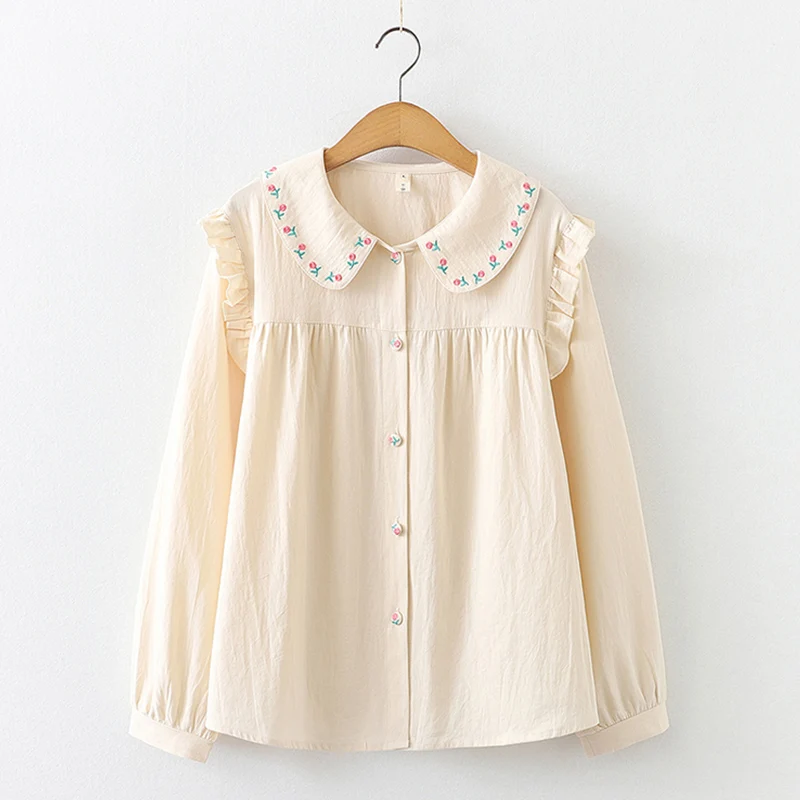 Spring Casual Sweet White Long Sleeved Shirt Women Peter Pan Collar Cotoon Loose Embroidery Flower Female Blouse Tops U260