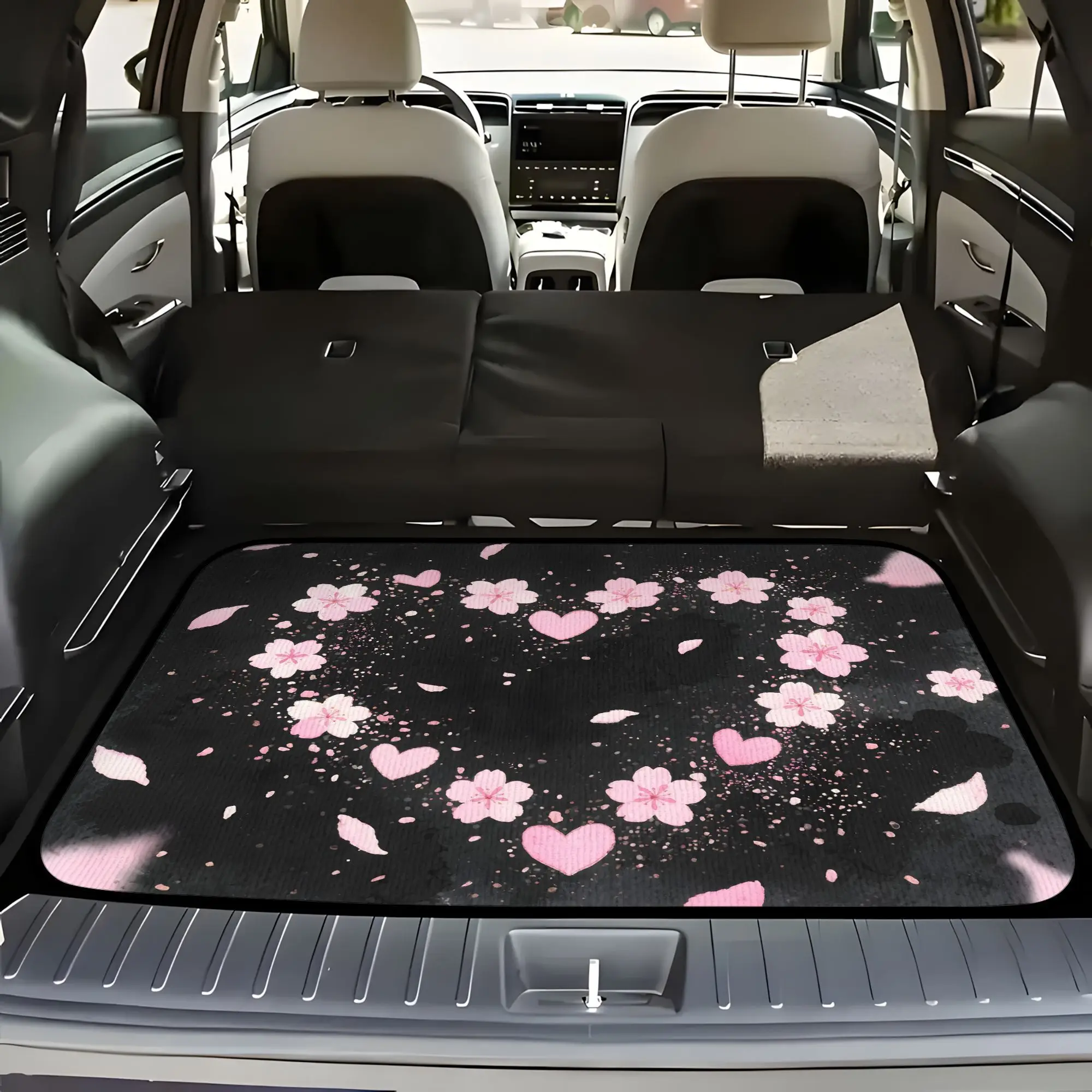 1pc Pink Cherry Blossom & Hearts Print Polyester Car Trunk Mat - Soft Non-Slip Durable Cargo Liner With Stylish Minimalist Flora