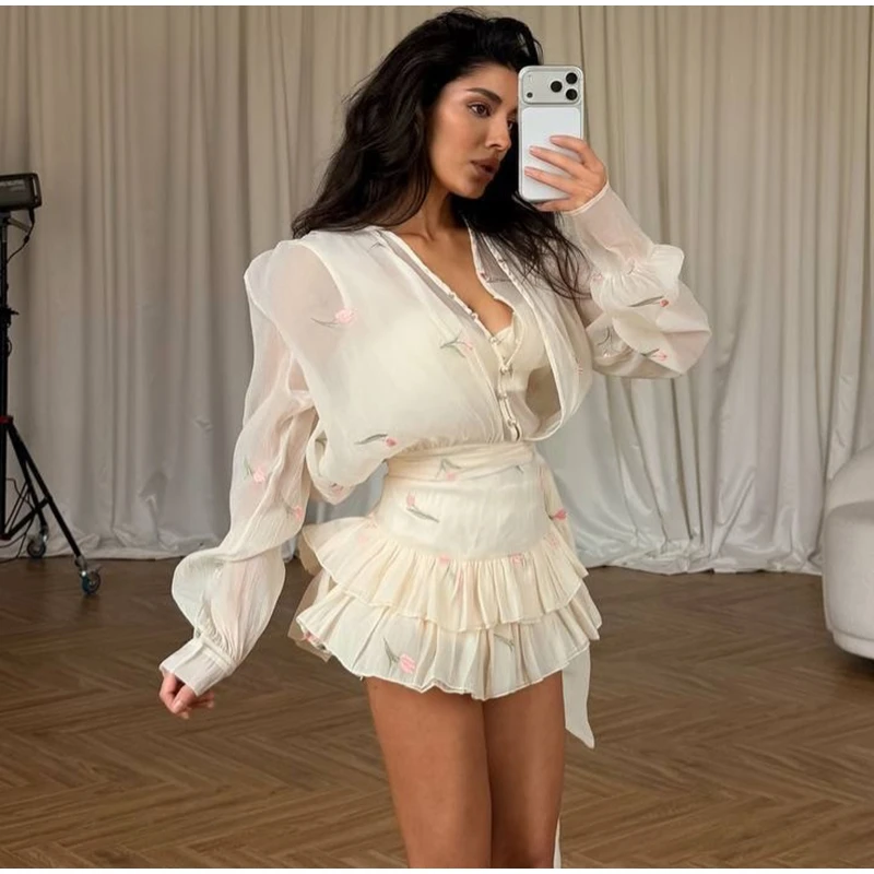 2026 Spring Summer Floral Embroidered Chiffon Wrap Tie Waist Ruffle Mini Dress Sheer V-Neck Romantic Feminine Women Date Vestido