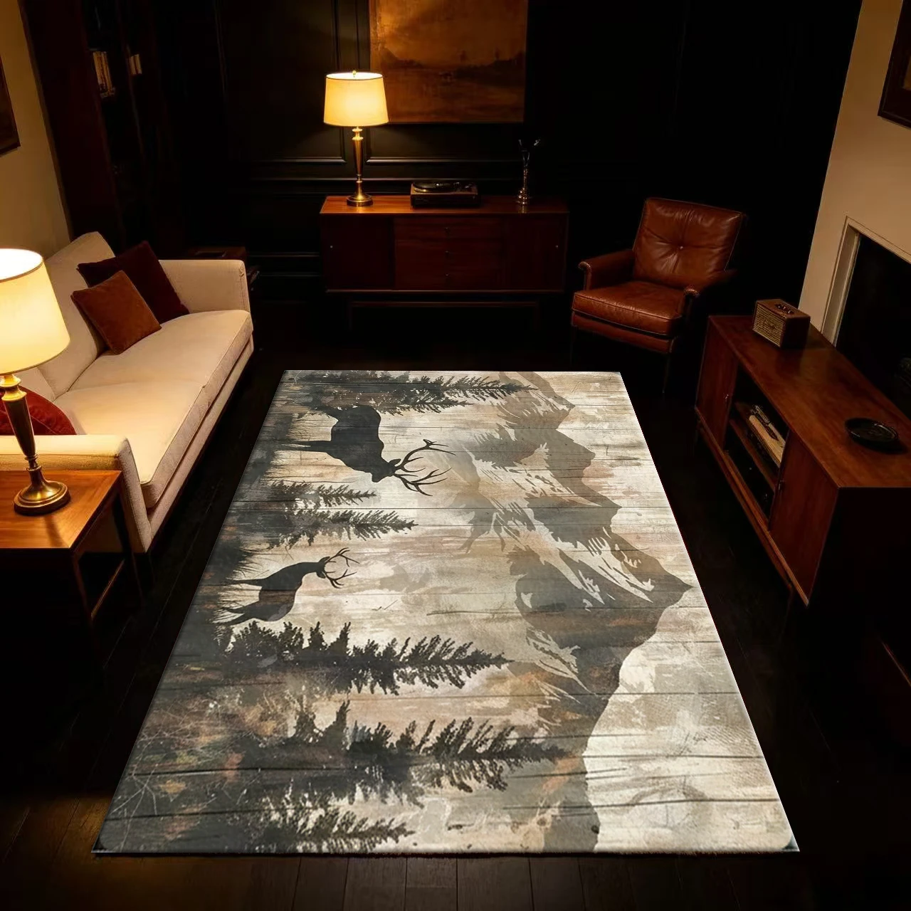 Rustic Wood Mountain Deer Forest Wildlife Carpet Flooring Non‑Slip Nature Style Area Rug for Cabin Living Room Bedroom Home Decoration