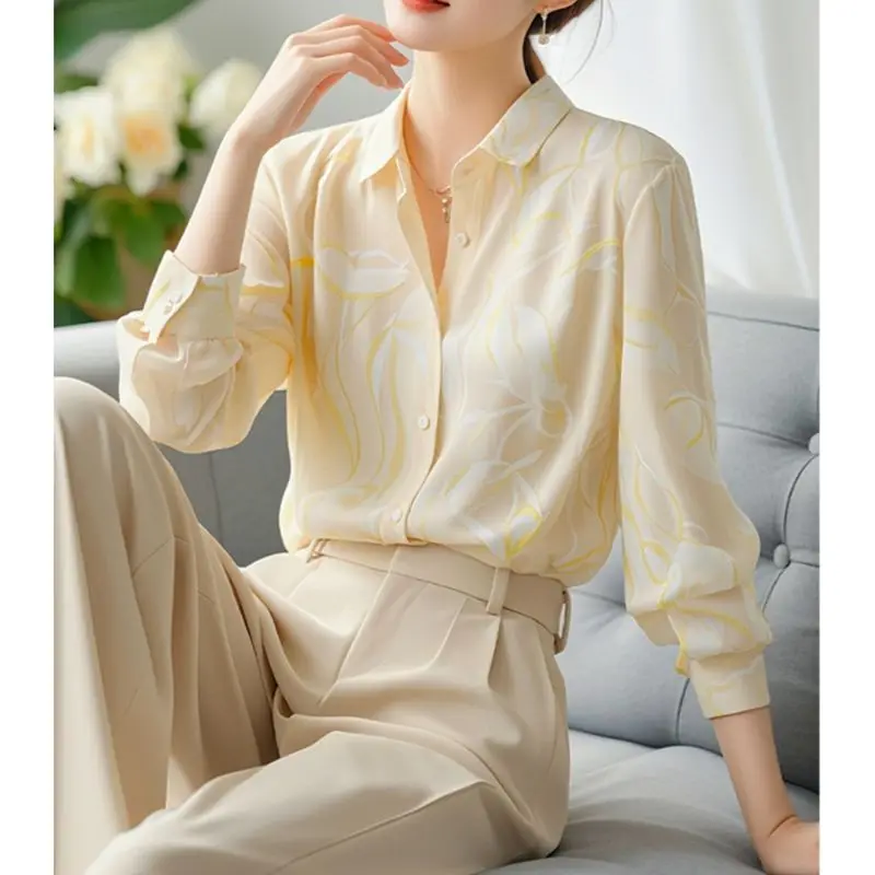 

Elegant Lapel Button Long Sleeve Printed Chic Shirts Women's Clothing 2025 Spring New Loose All-match Tops Office Lady Blouses