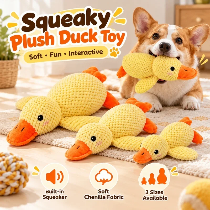 Interactive Squeaky Duck Dog Toy Chenille Plush Chew Toy for Puppy Fetch Tug Cuddle Toy Small Medium Large Dogs