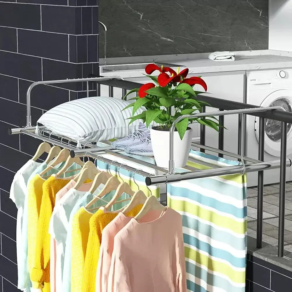 

Portable Indoor Outdoor Stainless Steel Clothes Drying Rack with Retractable Towel Bar, Silver, 60