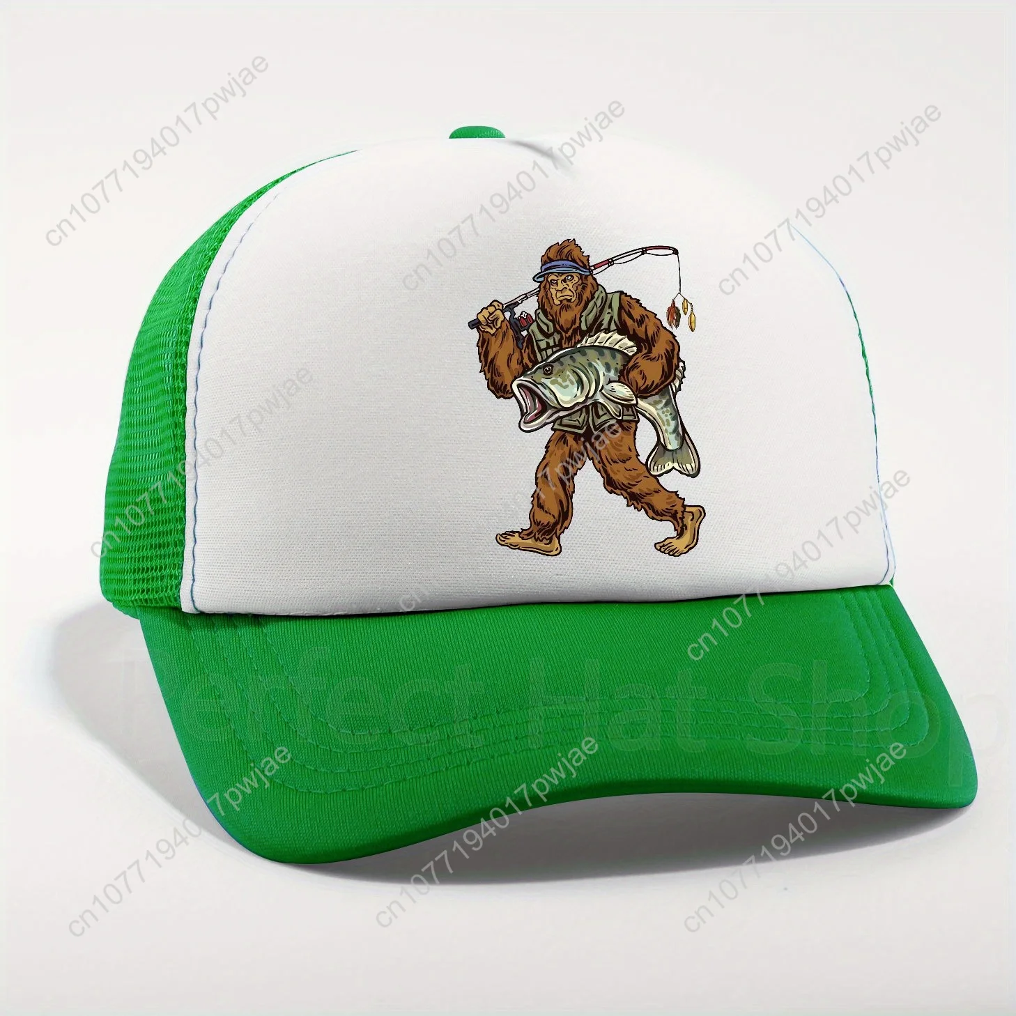 Gorra de béisbol ajustable con estampado de Sasquatch de pesca: sombrero ligero de poliéster con paneles de malla transpirable para actividades al aire libre