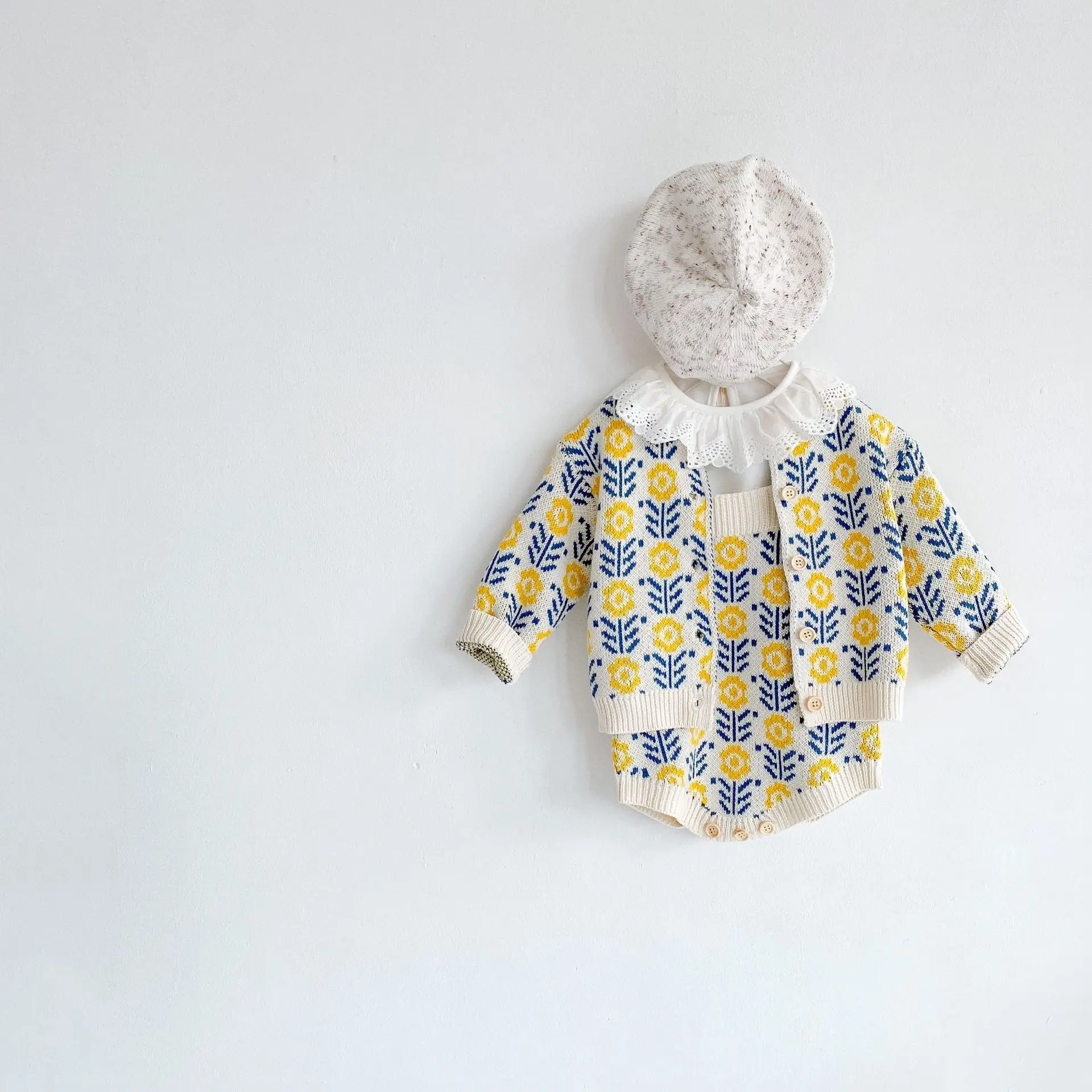 Spring Sweater Jacquard Blossoms Baby Girl Knitted Cardigan+Ha Yi Crawler Two Piece Set