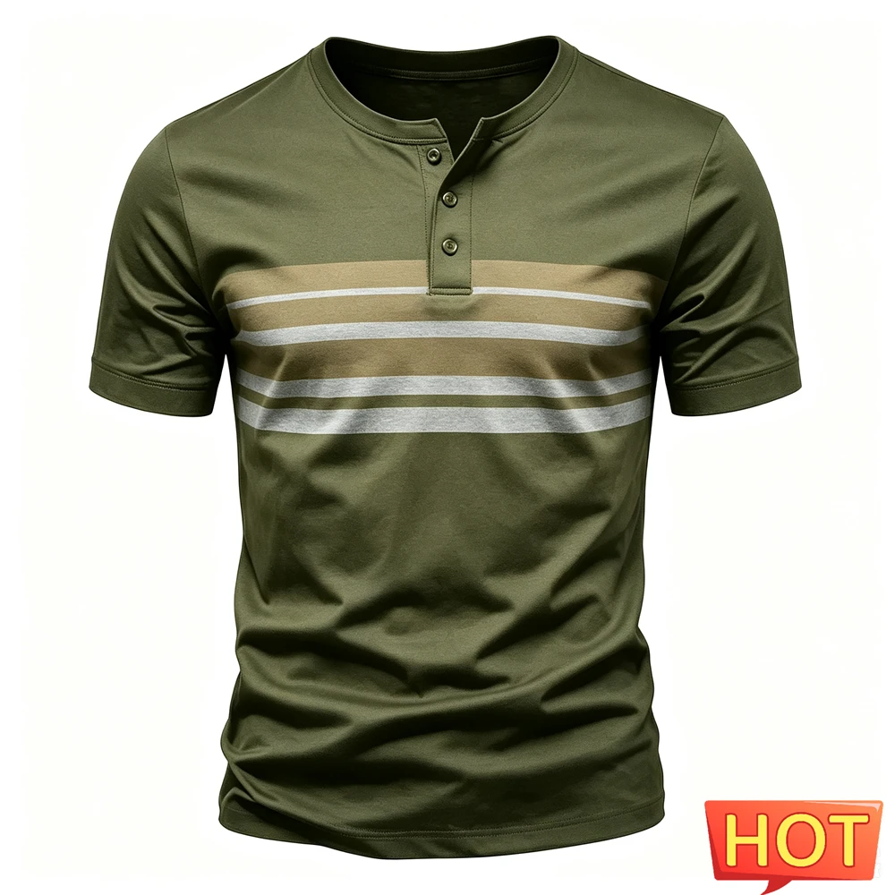 Summer Simple Men Henry Collar Button T shirts Casual Loose Short Sleeve Tops Fashion Stripe Print Men's Henry Shirt Streetwear