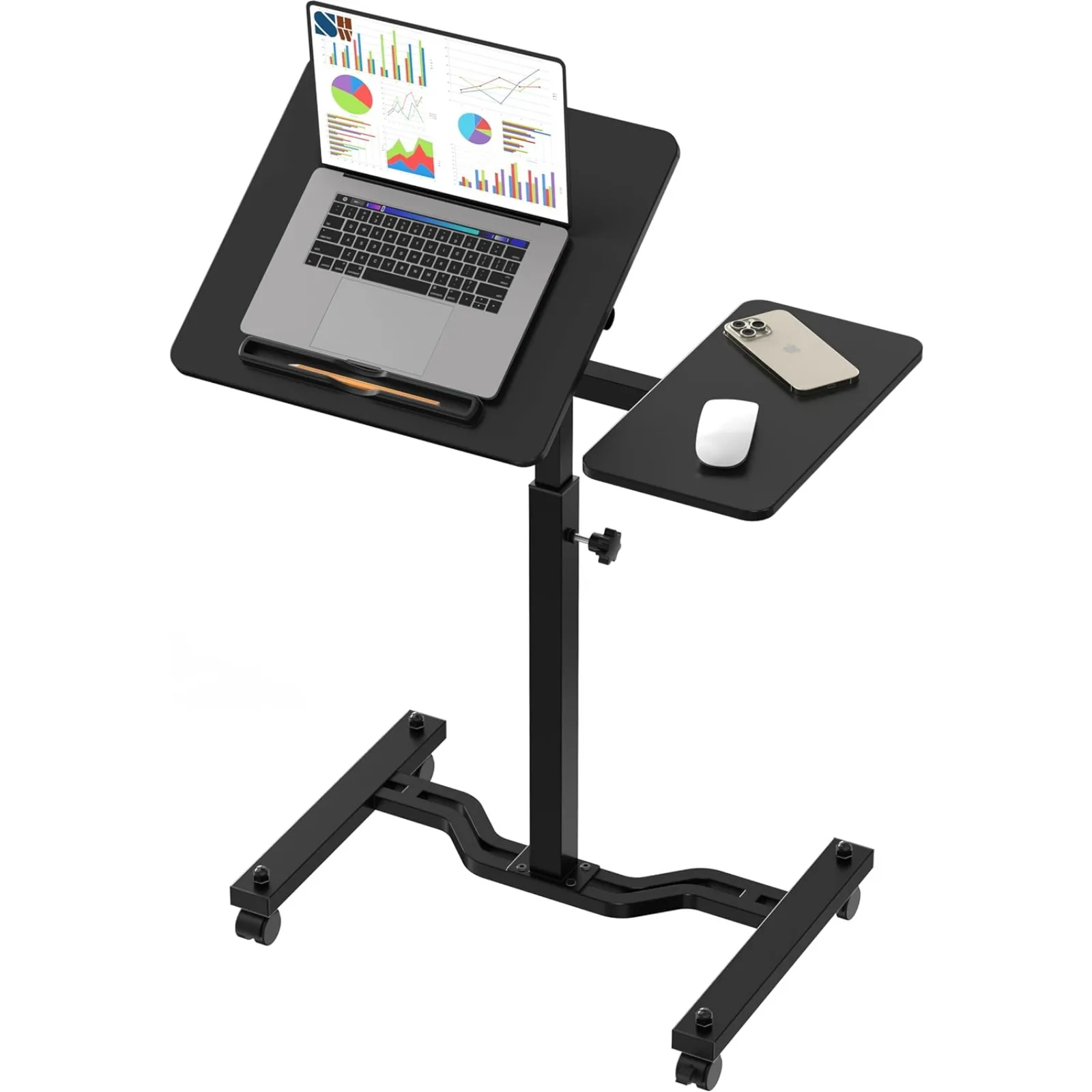 US Tim Rolling Adjustable Laptop Cart with Tilting Desktop and Side Shelf, Black