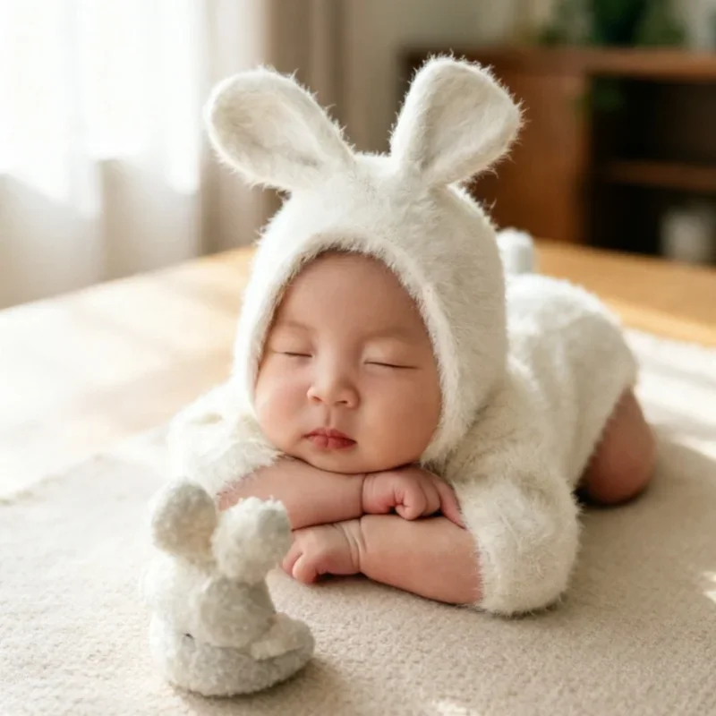

Knitted Rabbit Outfit With Plush Tail Newborn Photo Prop Baby Cosplay Costume For Indoor Studio Portrait Photoshoot Accessory