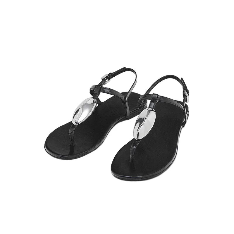 

Withered Summer Sandals Women Nordic Minimalist Leather Flat Toe Sandals Black T-strap Sandals Comfortable Casual Sandals Shoes