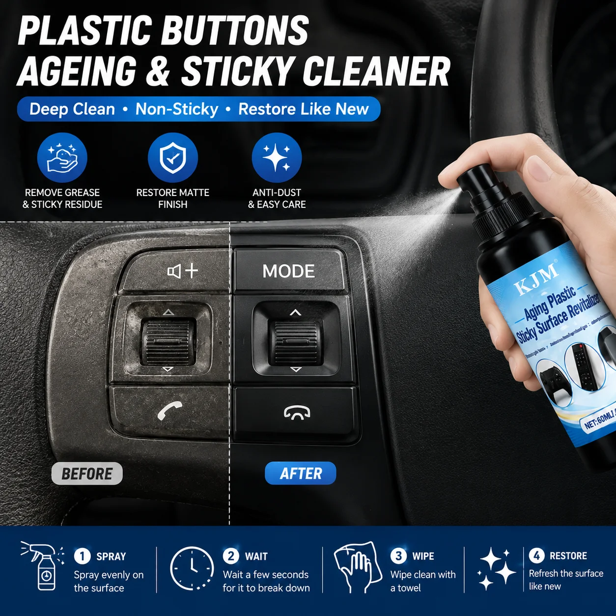 Door Handle Steering Wheel 60ml KJM Plastic Cleaner Car Interior Sticky Button Cleaner Aging Plastic Restorer For Dashboard