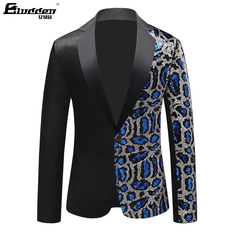 Single Breasted Leopard Sequins Stage Suit Jacket Men Party Hip Hop Suit Fashion  Drama costume Blazer Men\'s Sequins Floral Suit