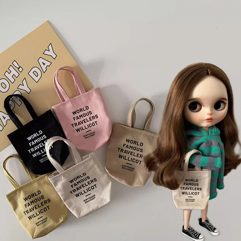 For 1/6 Doll Letter Print Canvas Bags Mini Casual Shoulder Bag Handbag Dress UP Toys Decor Accessories