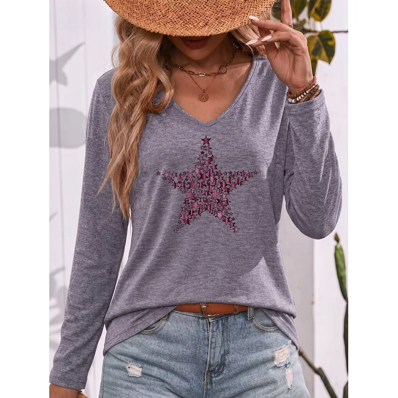 Fashion Colored V Neck Long Sleeve T Shirt With Gradient Small Red Star And Large Five-pointed Star Pattern Loose Casual Daily