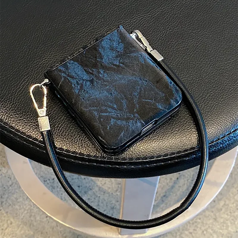 Luxury Black Snow Mountain Texture Leather Phone Case For Samsung Z Flip7 Z Flip6 ZFlip5 MixFlip Razr60Ultra Foldable Flip Cover