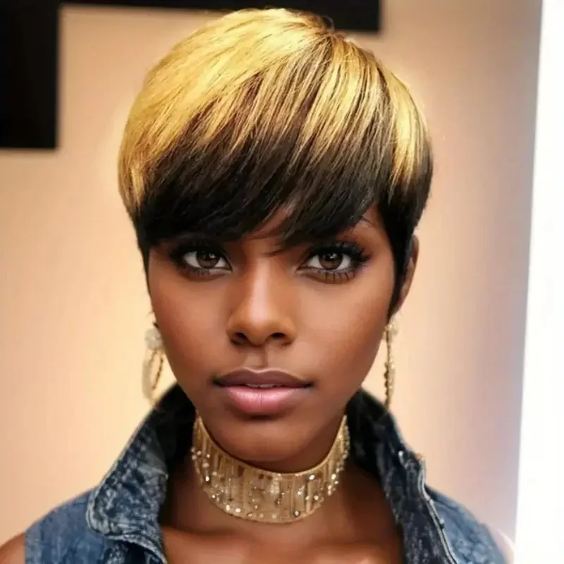 인모 가발 짧은 스트레이트 인모 가발 픽시컷 스트레이트 숏밥 가발 여성용 브라질 인모 머신메이드