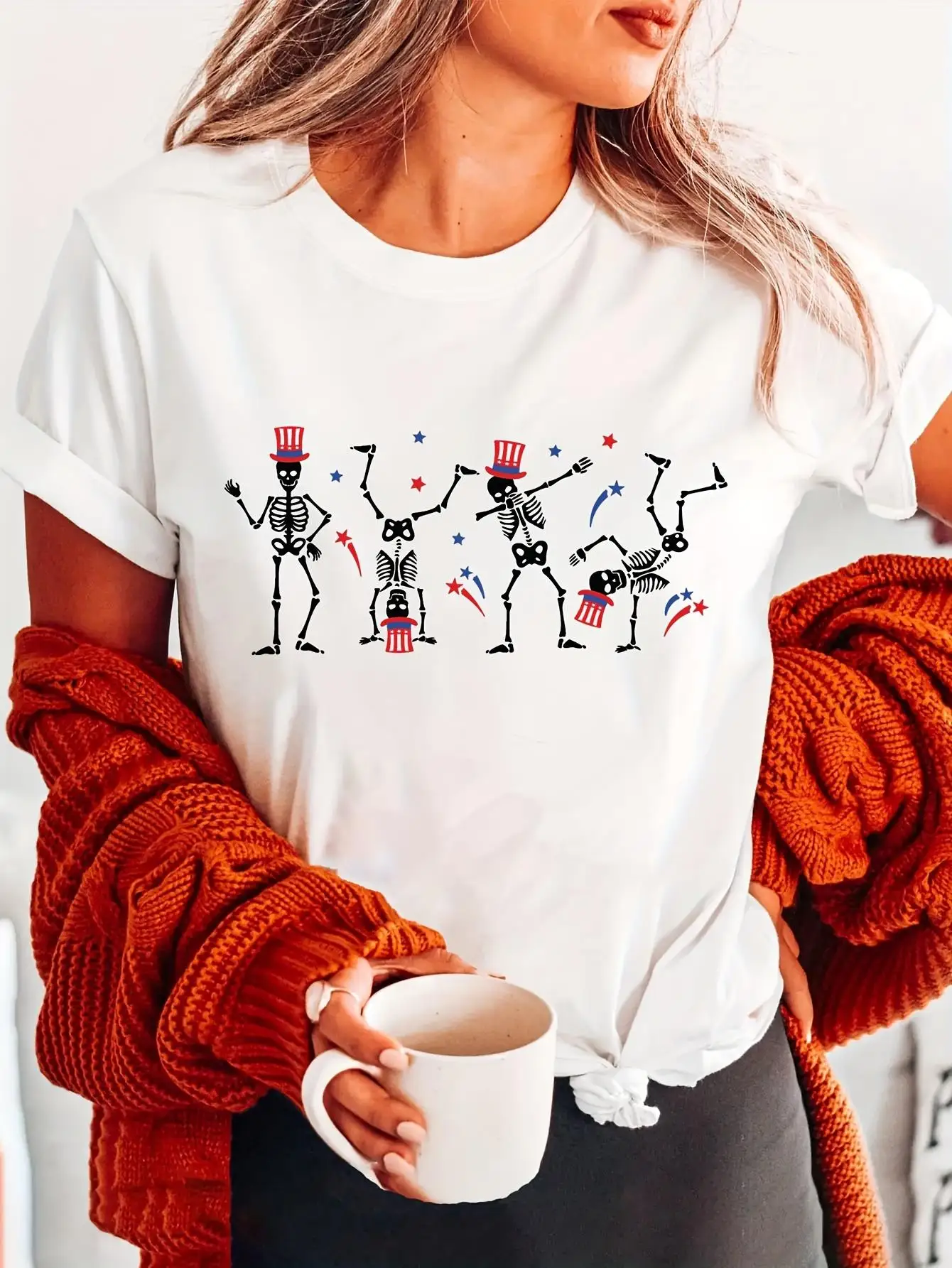 Holiday Targeted 4 Red Hat Skeleton Dance Fashion Letter Print T-shirt Short Sleeve Crew Neck Casual Tops Women's Clothes Female