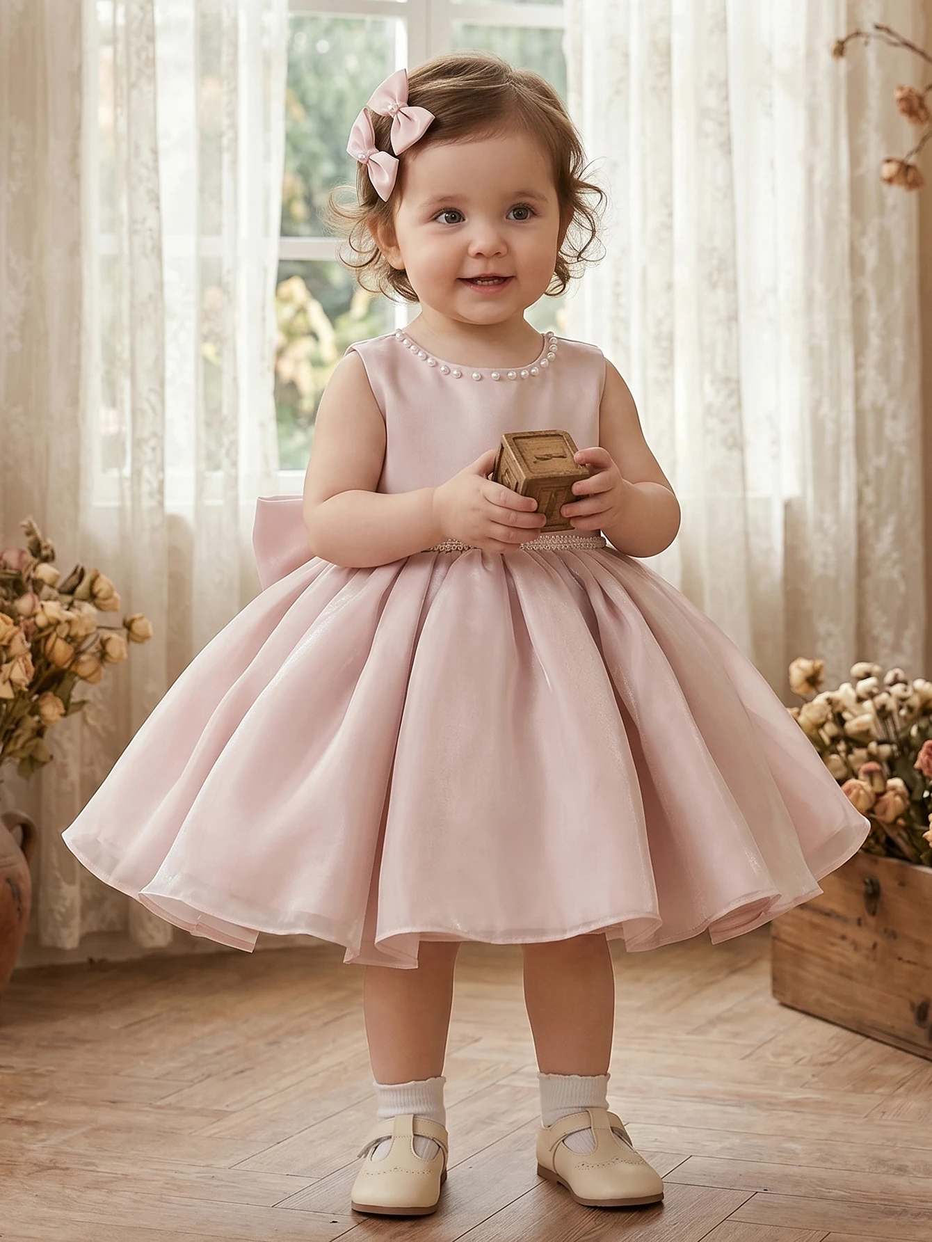 Baby Girls Party Dress Pink Round-neck Beaded Organza Sleeveless Dress,Large Butterfly Knot Elegant Princess Dress for Banquet