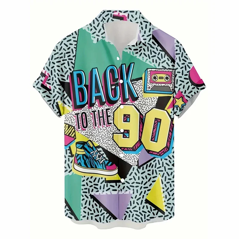80s and 90s Vintage Hawaiian Shirt Men's 3D Printed Short Sleeved Top Outdoor Lapel Shirt Summer Button Up Plus Size Shirt