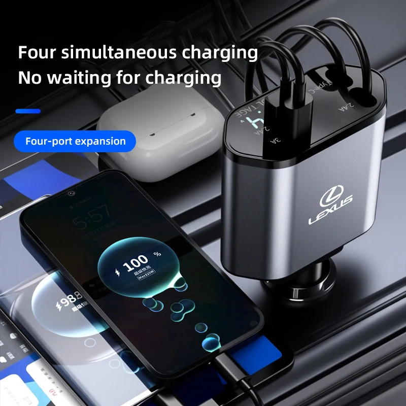 شاحن سيارة قابل للسحب، 4 في 1 شاحن سيارة سريع الشحن 120 وات لكزس FSPORT LBX NX RX 350h 450h ES UX 300e GS GX IS LS LX