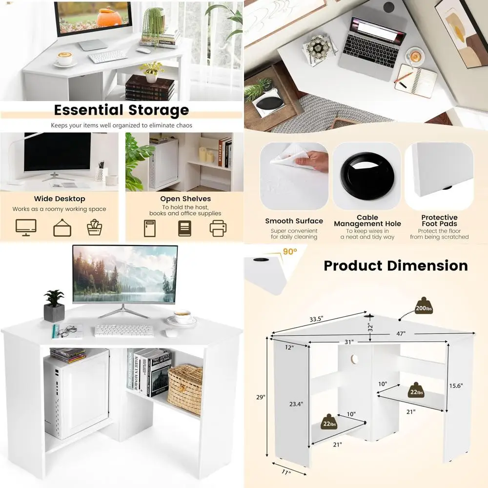 

Компактный стол для хранения с полками и системой организации кабелей для домашнего офиса, гостиной или спальни (белый)