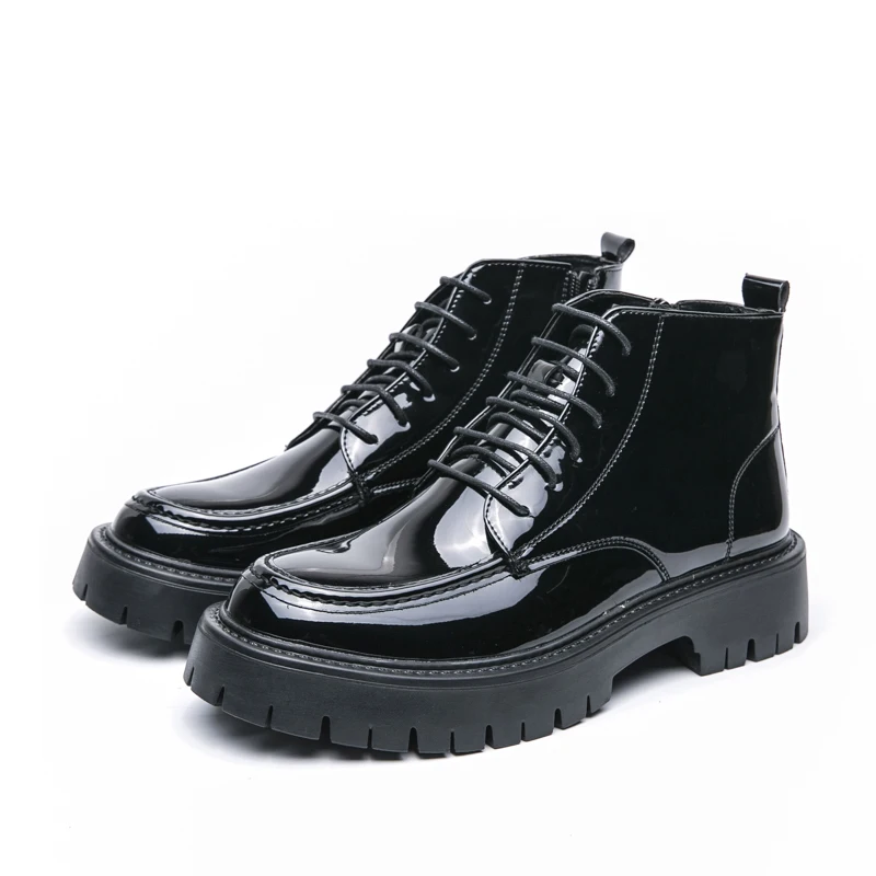 Shiny Leather Men's Boots Side Zipper Business New Style Comfortable High Top Mens Casual Shoes Classic Design Thick Soled Shoes